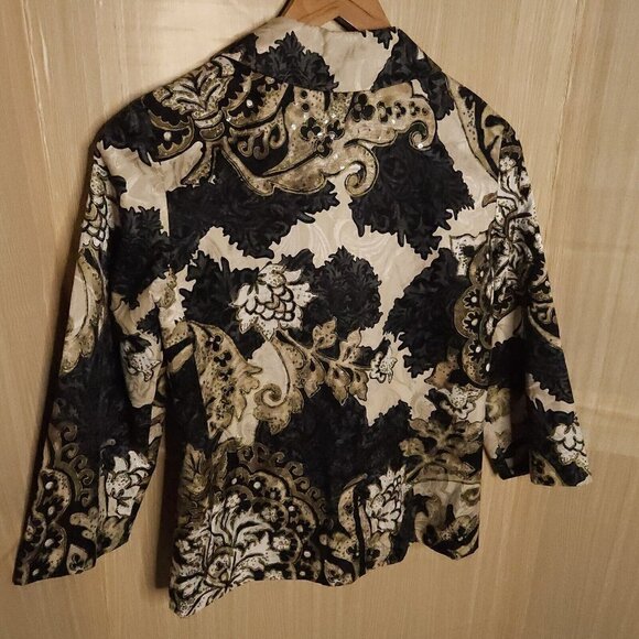 Chico's Silk Blend Tan Black Paisley Sequin Floral Blazer Medium - Picture 3 of 7